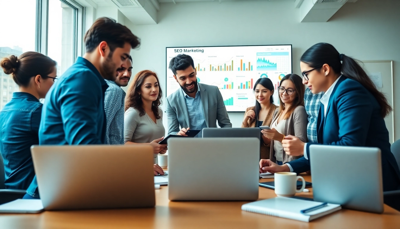 Engaged professionals reviewing SEO company strategies in a modern office setting.