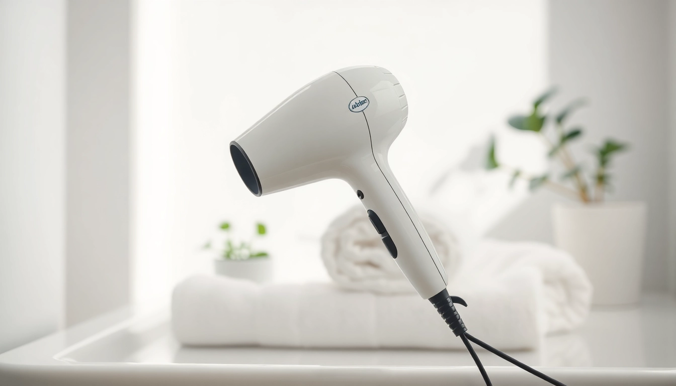 Styled hair dryer for fine hair displayed in an elegant bathroom, emphasizing its sleek design.
