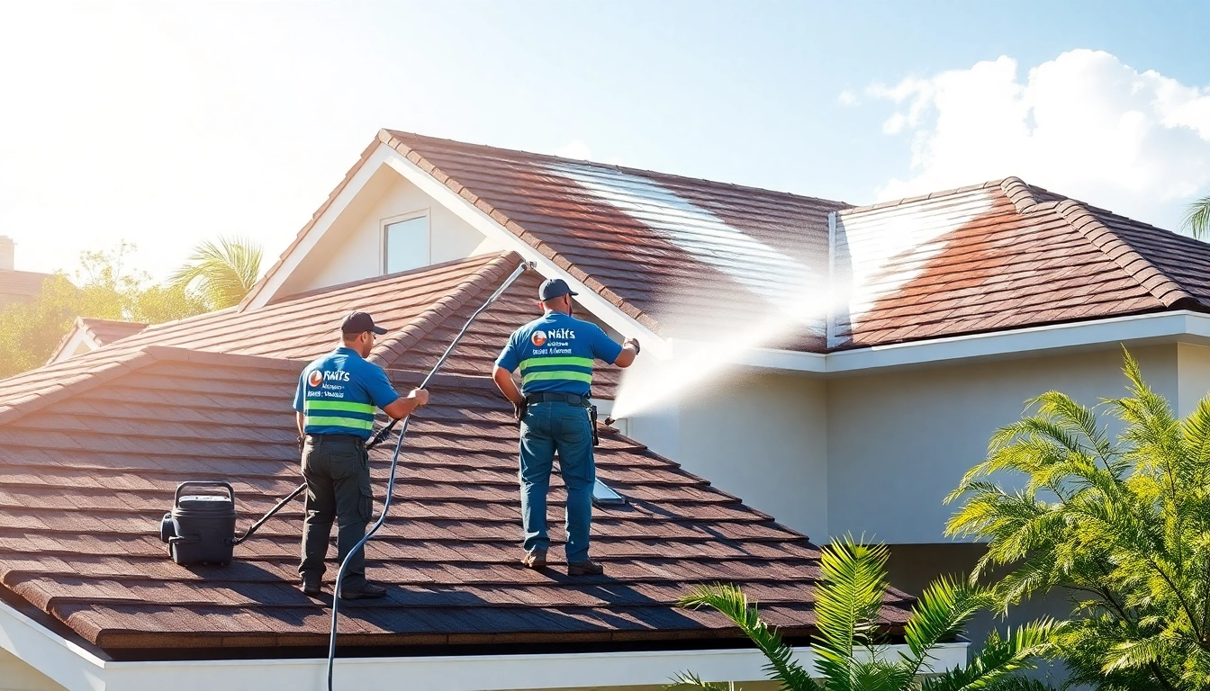 Roof cleaning in Kissimmee, FL, showcasing professionals using soft wash techniques on a residential property.