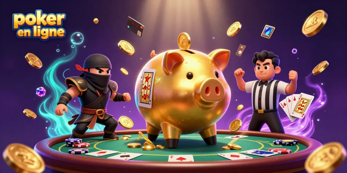 Participez à une partie de poker en ligne avec des personnages animés, des jetons et des cartes en plein vol.