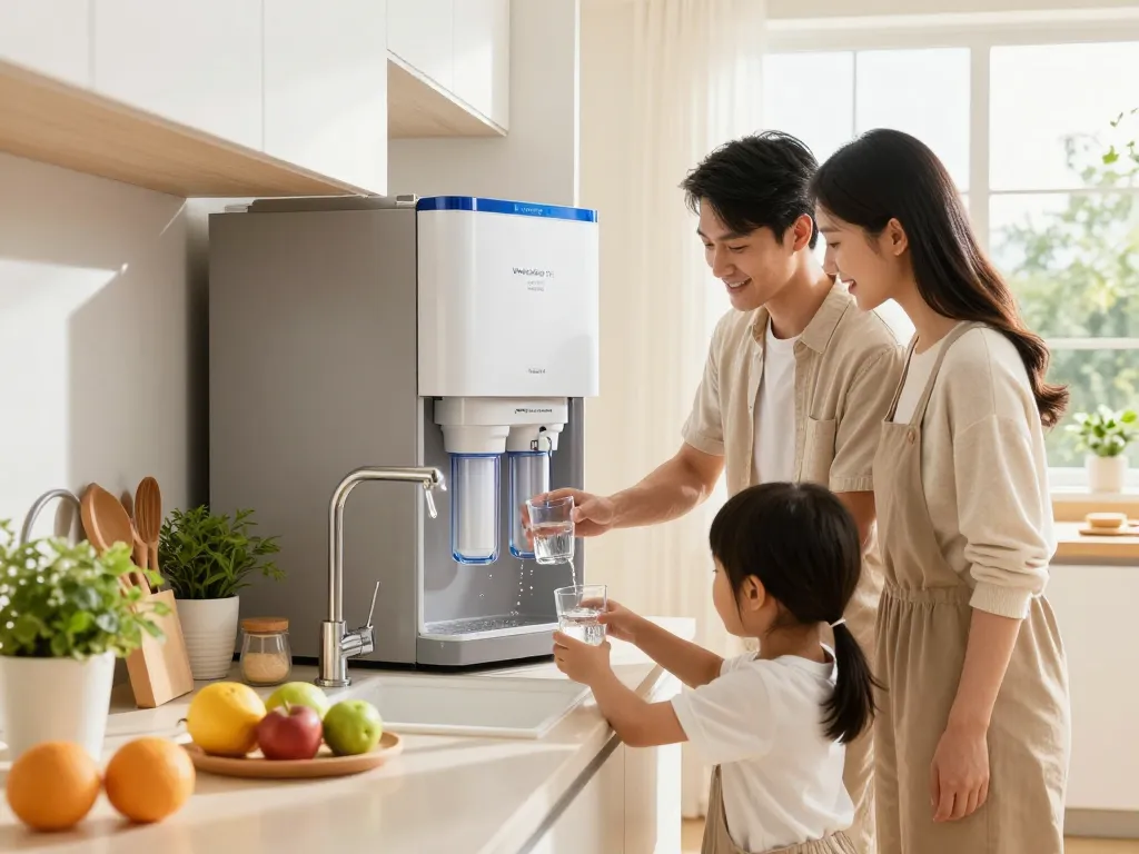 Family enjoying fresh water from the Waterdrop Plus DA97-17376B Water Filter in a bright kitchen