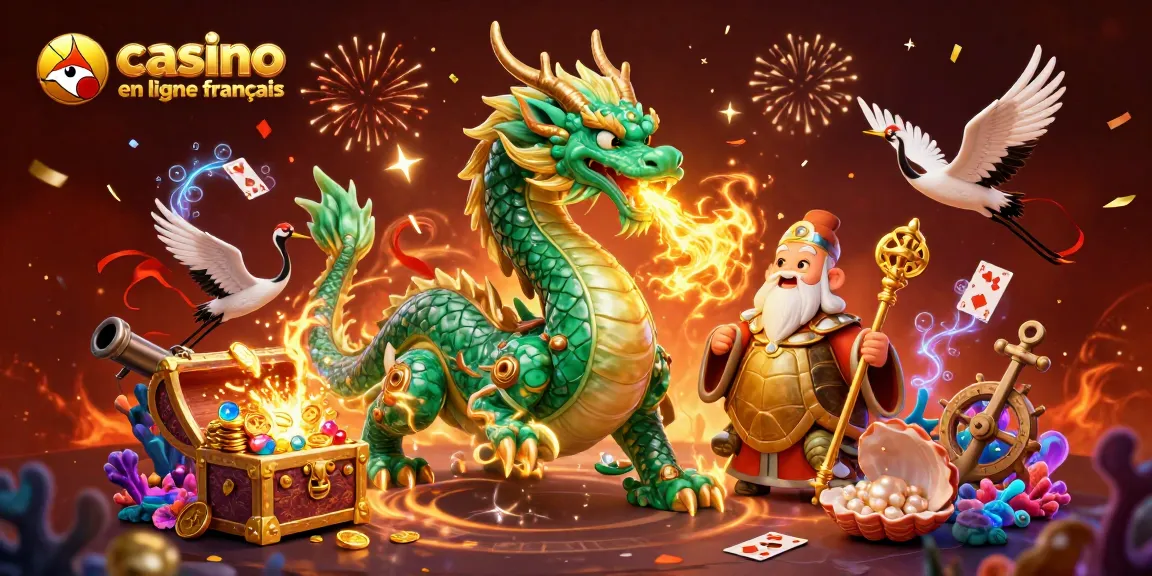 Casinos en ligne français : dragon émeraude et argent gagnant flottant sur un trésor explosif.