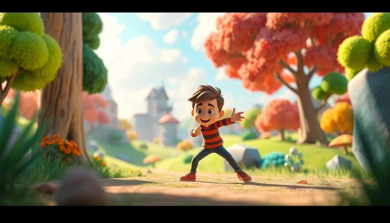 3D Animation character engaging in a dynamic action pose amid a vibrant environment.