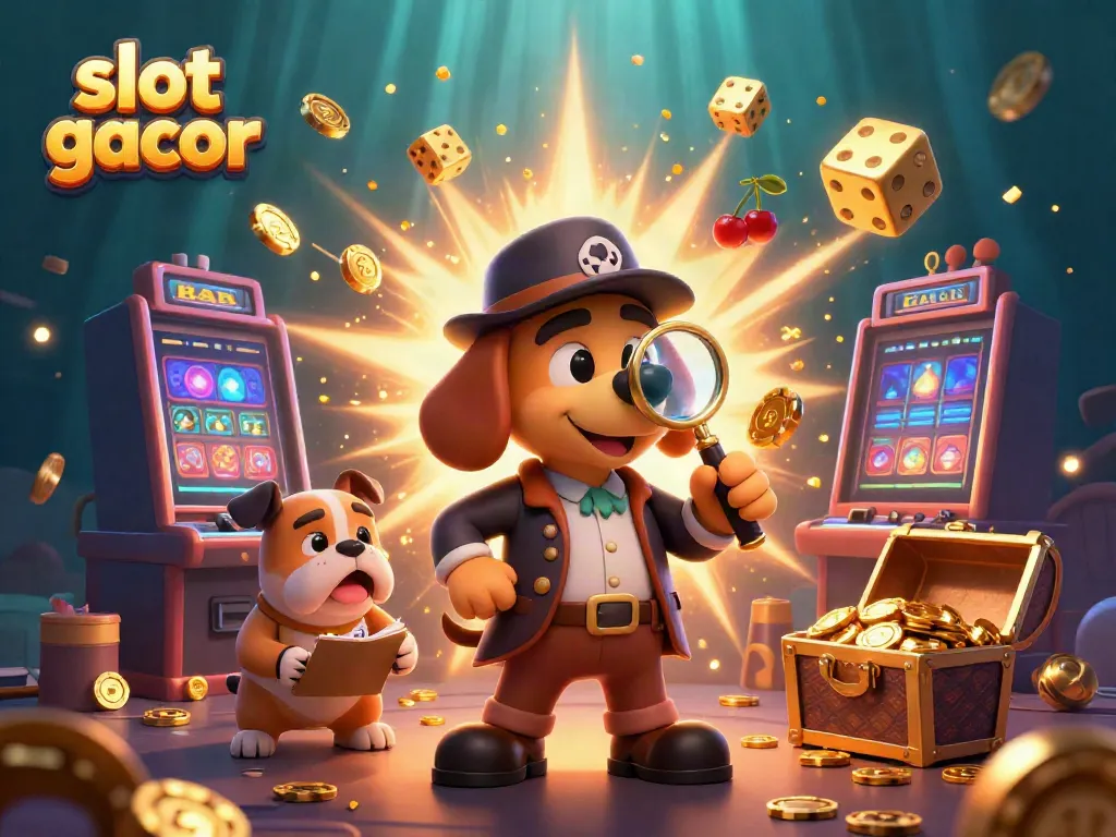 Slot gacor memberikan petunjuk kemenangan dengan karakter detektif dan simbol kasino.