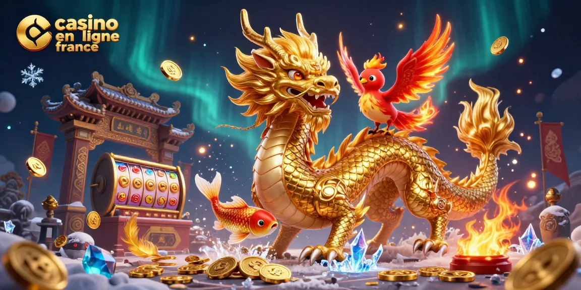 Jouez maintenant sur casino en ligne France avec un dragon doré, un phoenix et un koï chanceux au milieu des pièces d'or.