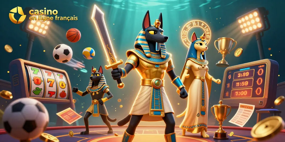 Un Anubis en armure dorée au casino en ligne français, avec des rouleaux de jeu et des pièces d'or.