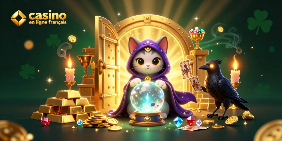 Des jeux captivants au casino en ligne français avec un chat mystique, un corbeau cartomancien et des trésors dorés.