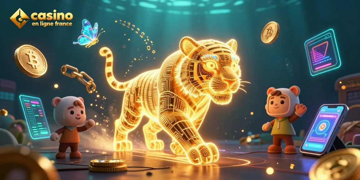 Illustration vibrante de casino en ligne France avec un tigre en 3D et des éléments cryptographiques.