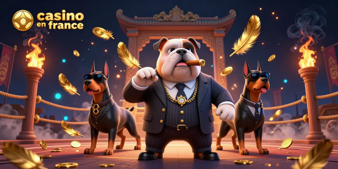 Plongez dans l'univers du casino en ligne France avec ce chiot bulldog mafieux entouré de ses gardes du corps Doberman.
