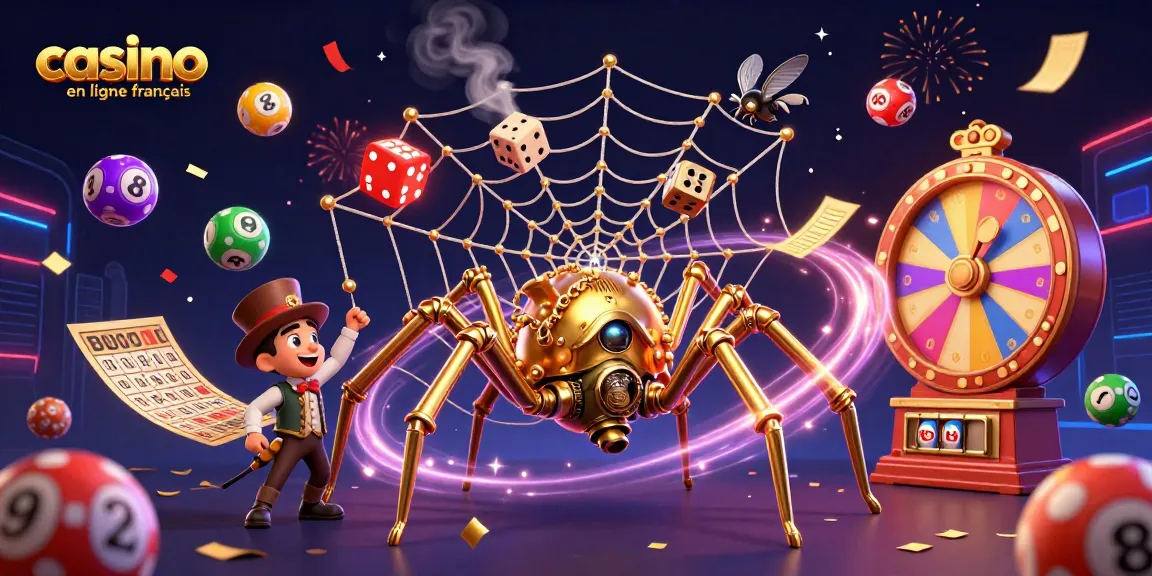 Illustration 3D d'une araignée dorée capturant des dés dans un casino en ligne français, pleine d'énergie.