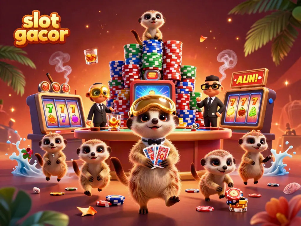 Experience the excitement of slot gacor with meerkats running a colorful casino operation in this dynamic 3D illustration.