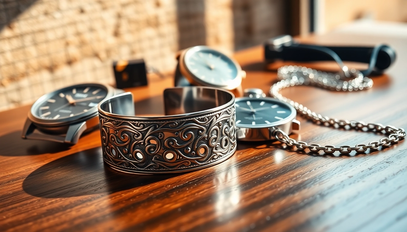 Showcasing men’s jewelry, featuring a silver cuff bracelet and watch artistically arranged.