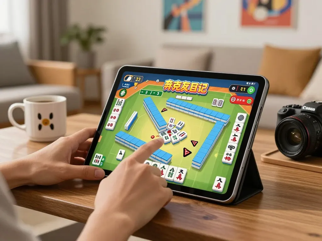 Engaging in a thrilling Mahjong game online, showcasing strategy and skill in a cozy home setting.