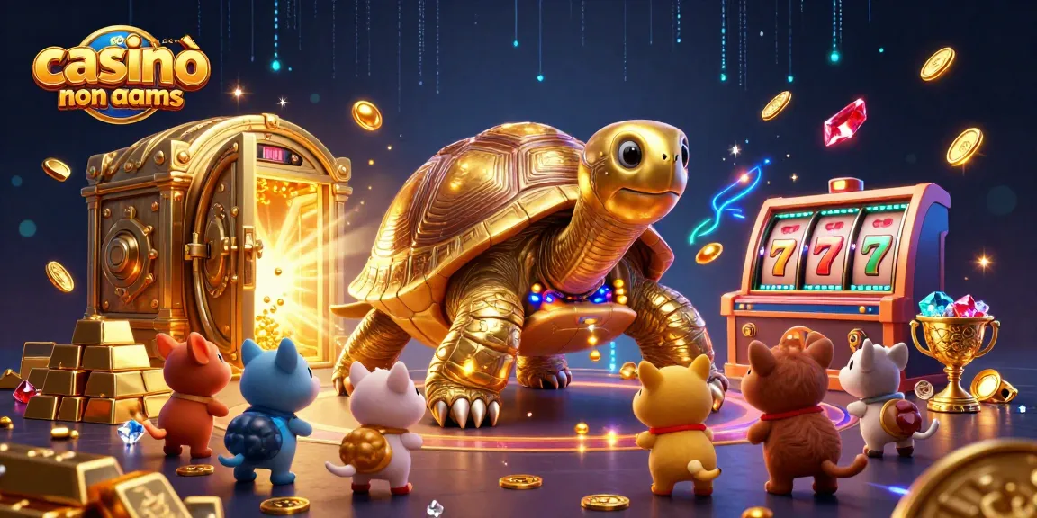 Un'attraente scena di casinò online non AAMS con una tartaruga d'oro e diversi simboli di gioco.