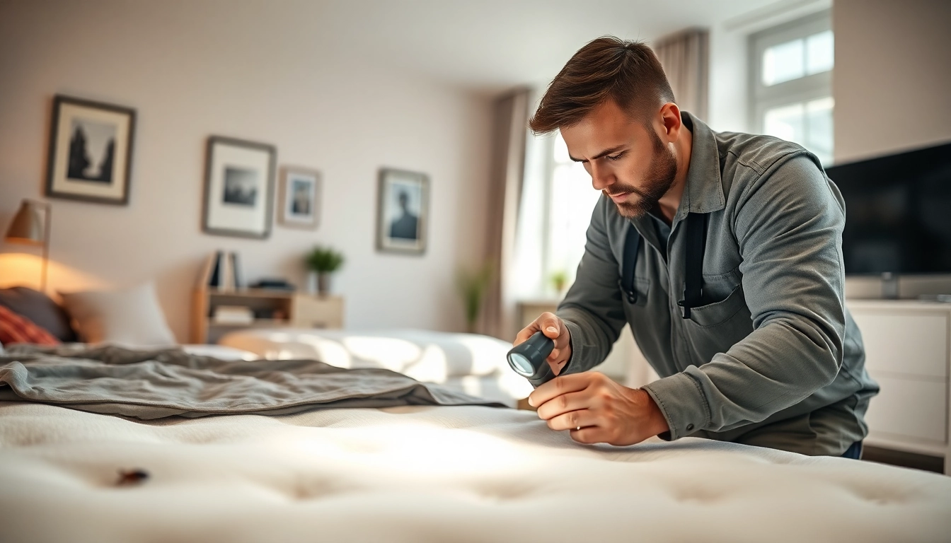 Bed bug extermination near me: A technician performing pest control in a cozy living room setting.