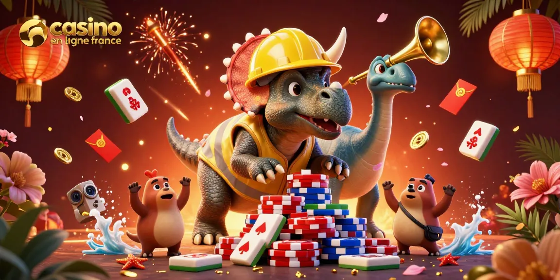Illustration 3D animée représentant un triceratops, célébrant le casino en ligne France avec des éléments festifs.