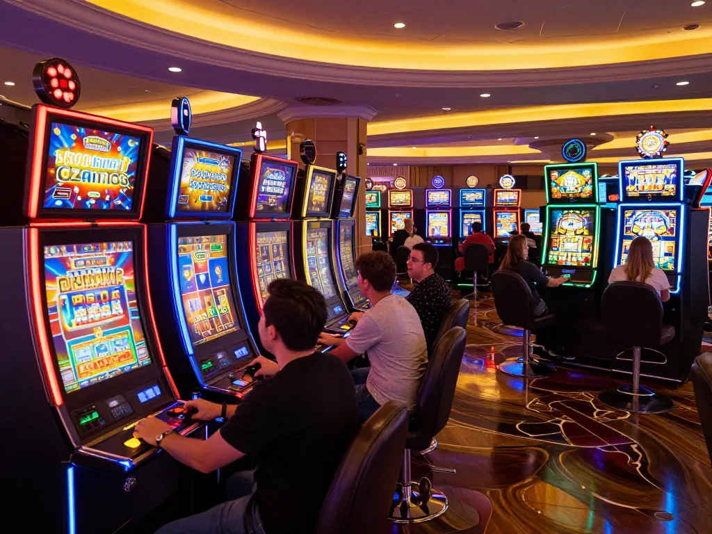 Players enjoying vibrant slot machines in a lively casino atmosphere, engaging with colorful games
