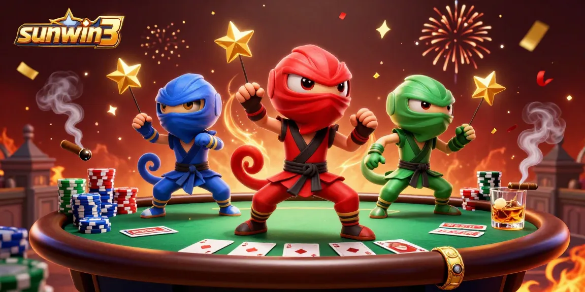 Engage in thrilling action at sunwin3 with vibrant 3D cartoon ninjas and poker elements.