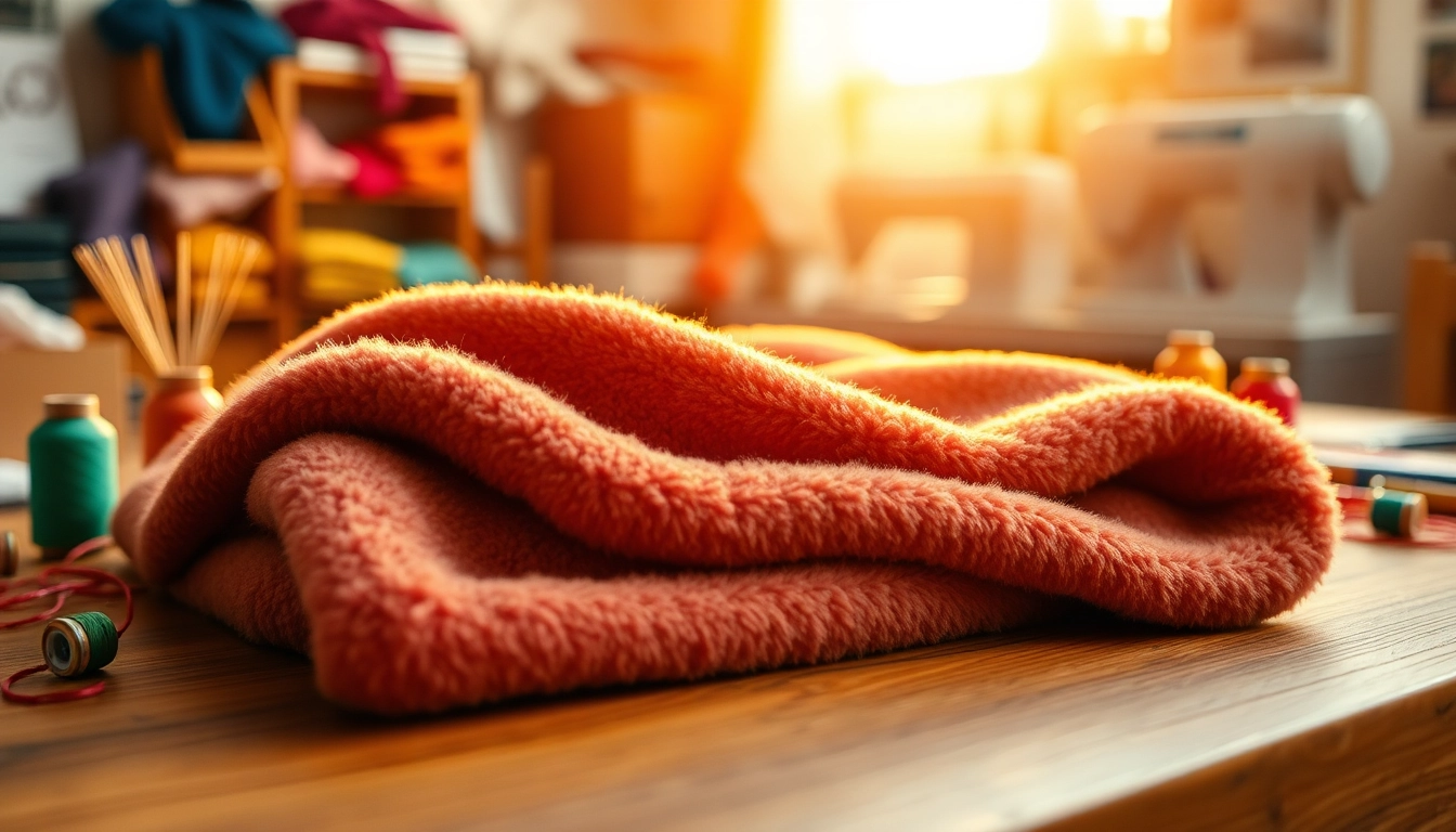 Fleece stof met rijke textuur en kleurrijke naaigereedschappen op tafel.