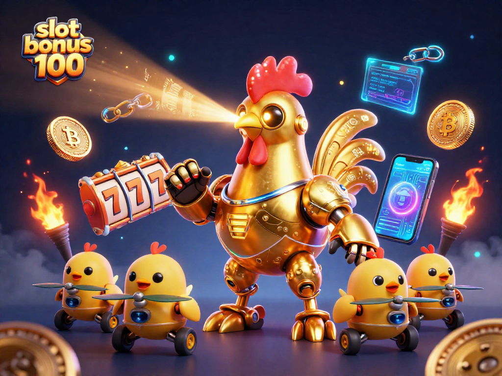 Engage with the slot bonus 100 experience featuring a lively futuristic rooster robot and energetic baby chick drones.