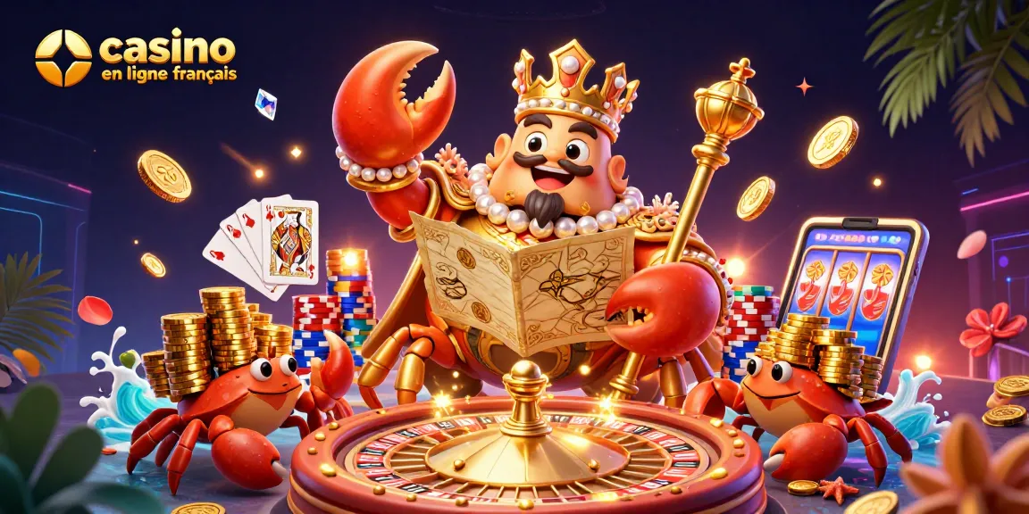 Plongez dans l'univers captivant du casino en ligne français avec ce crabe empereur en 3D entouré de jetons et de trésors.