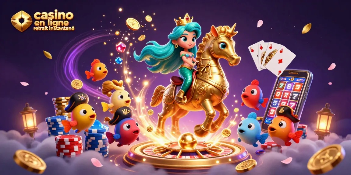 Jouez dans un casino en ligne avec retrait instantané tout en célébrant la victoire avec une sirène et ses compagnons.