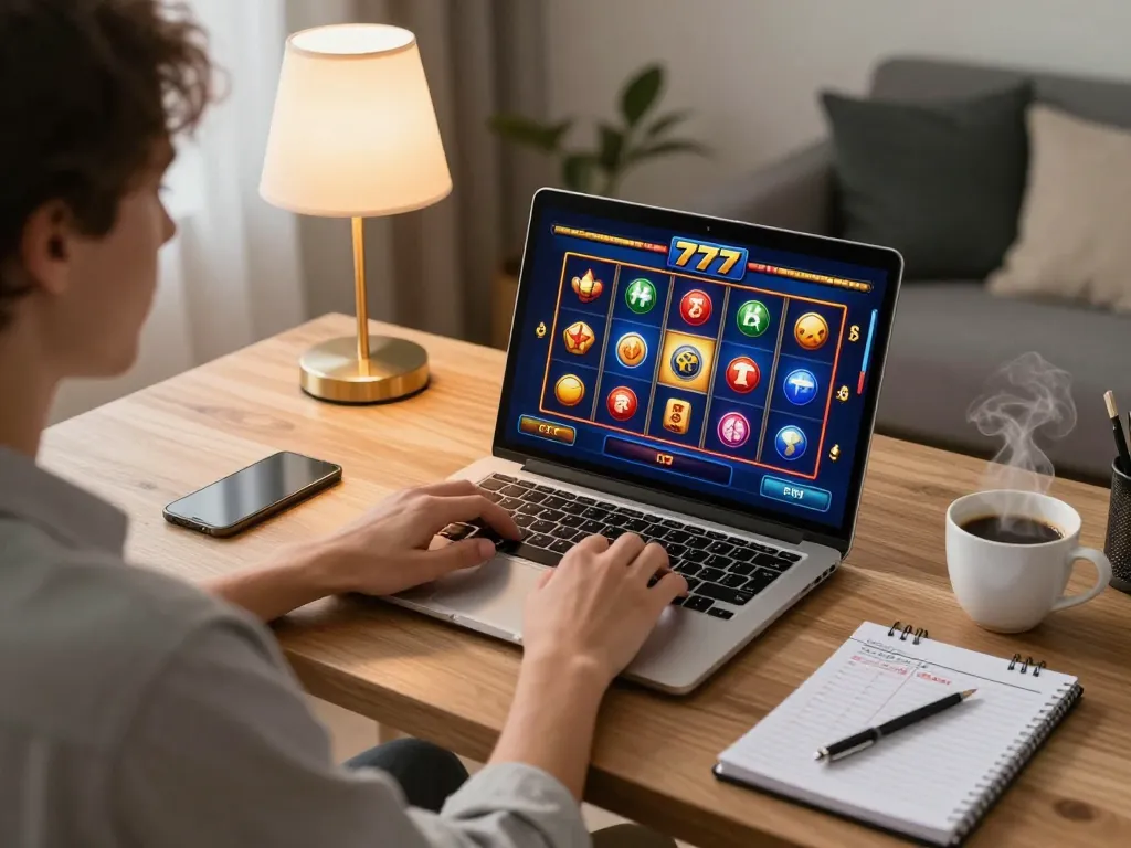 Player enjoying slot777 gacor on laptop with strategic notes in cozy home setting.