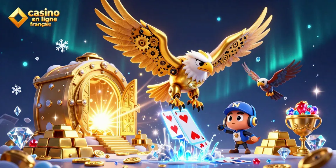 Illustration captivante de l'aigle cyborg en or plongeant à travers des cartes à jouer holographiques dans un casino en ligne français.