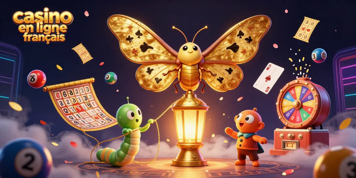 Les jeux de casino en ligne français illuminés par un papillon 3D coloré et des éléments dynamiques de casino.