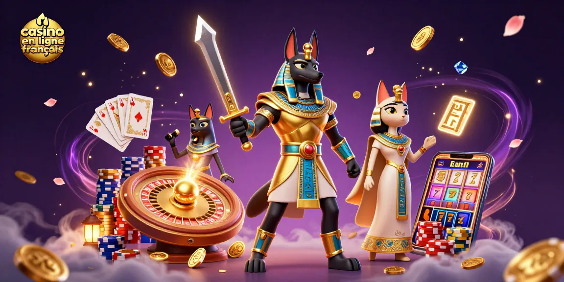 Illustration mettant en scène Anubis et Bastet dans un casino en ligne français avec des jetons et des cartes.
