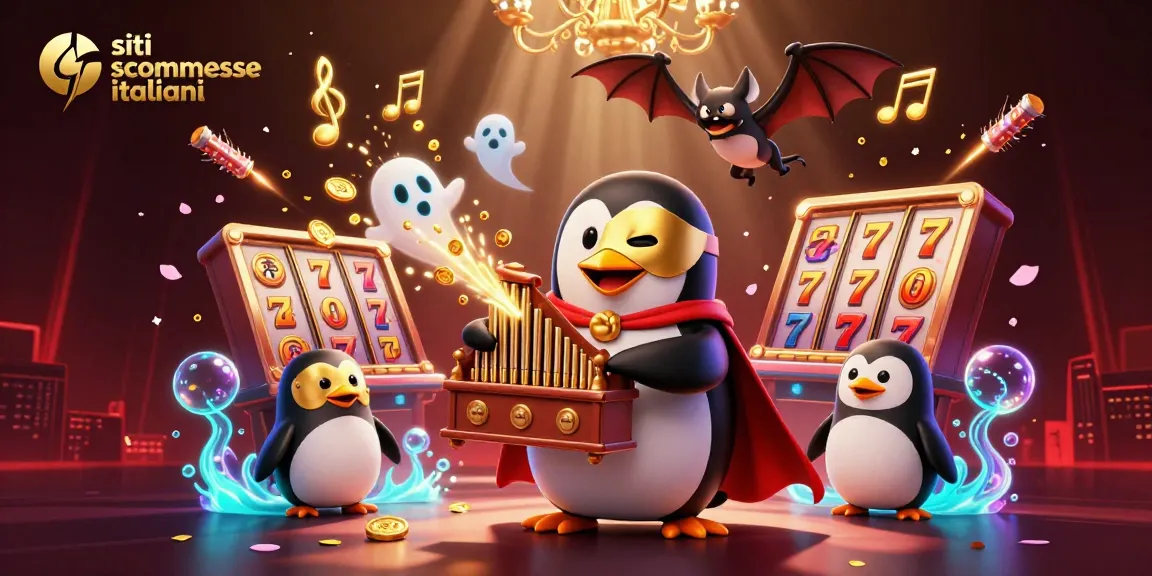 Scopri i siti scommesse italiani attraverso un'illustrazione 3D con un pinguino opera e simboli di fortuna.