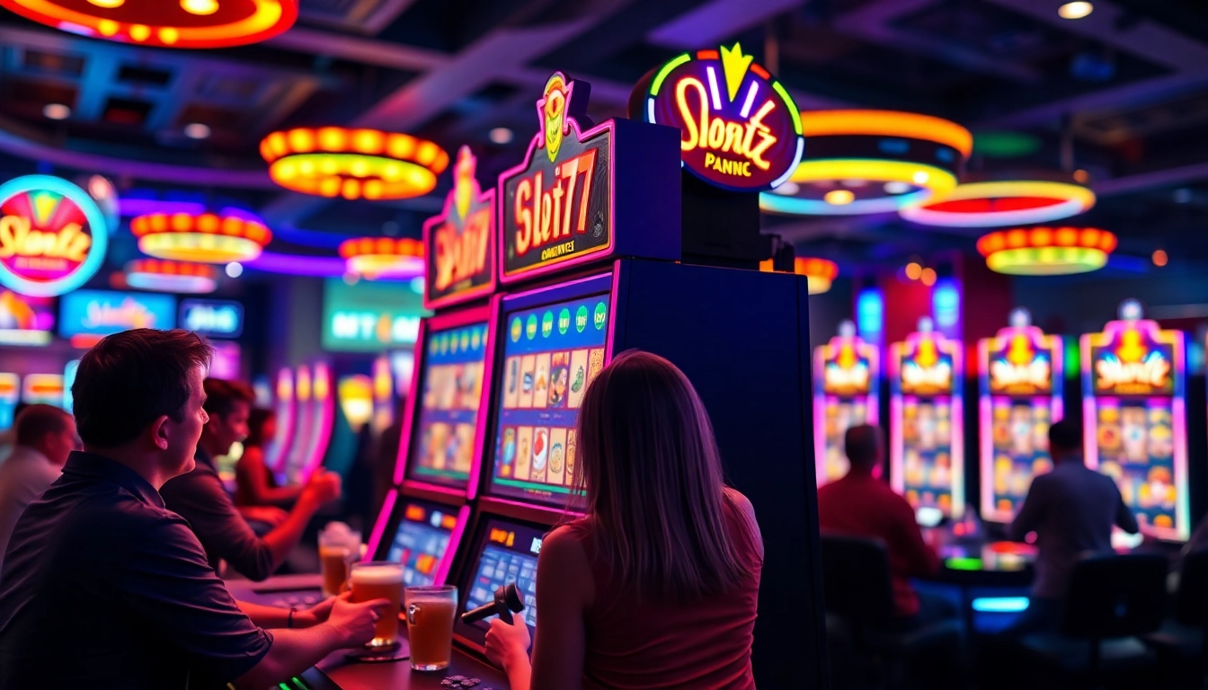 Bermain Slot77 dengan antusias di mesin slot yang cerah dan penuh warna.