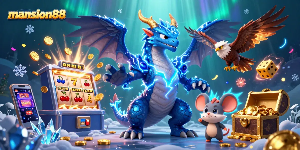 Experience the thrill of mansion88 with a dynamic 3D dragon, hawk, and mouse in a vibrant casino scene.