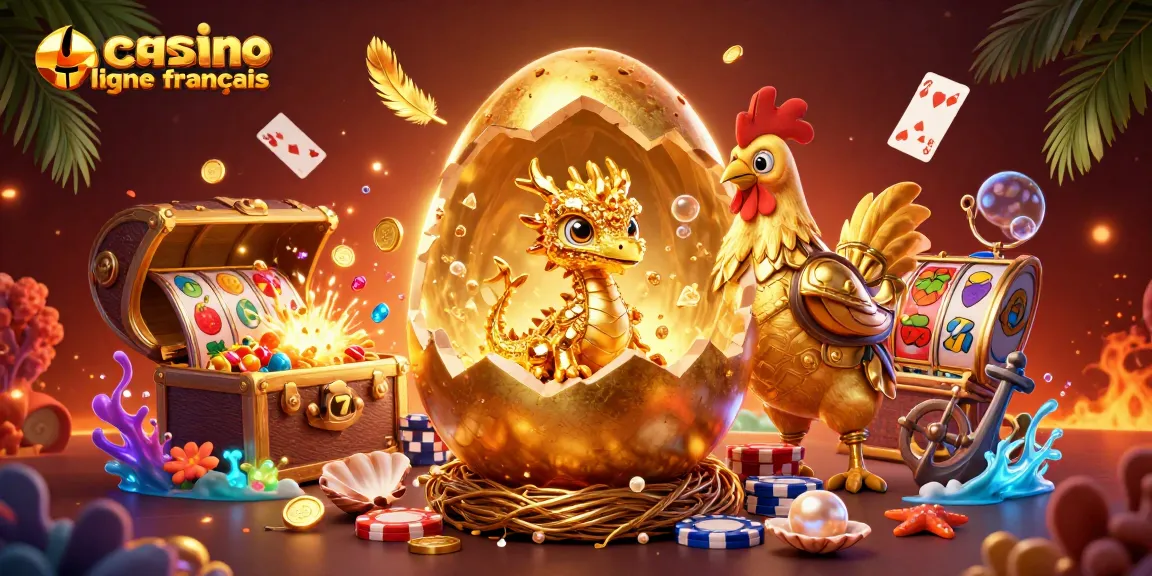 Jouez dans un casino en ligne français avec un dragon doré entouré de jetons de poker et de rouleaux de machines à sous.