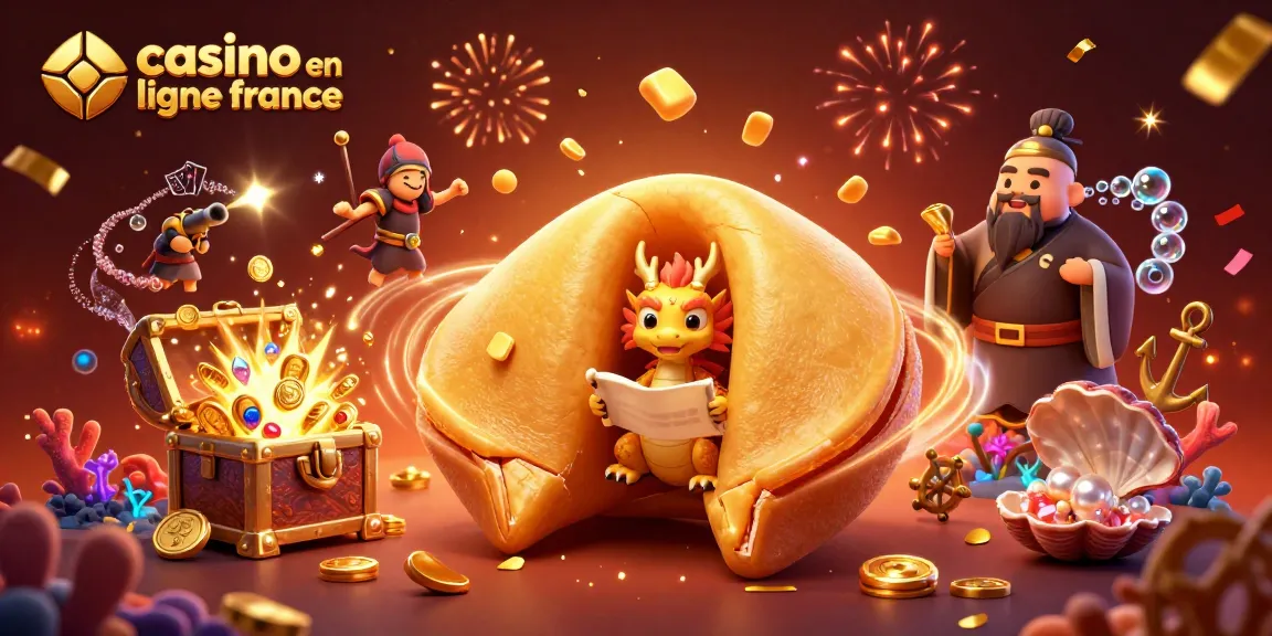 Jouez sur un casino en ligne France avec un dragon sage et un cookie chanceux, entouré d'éléments de jeu captivants.