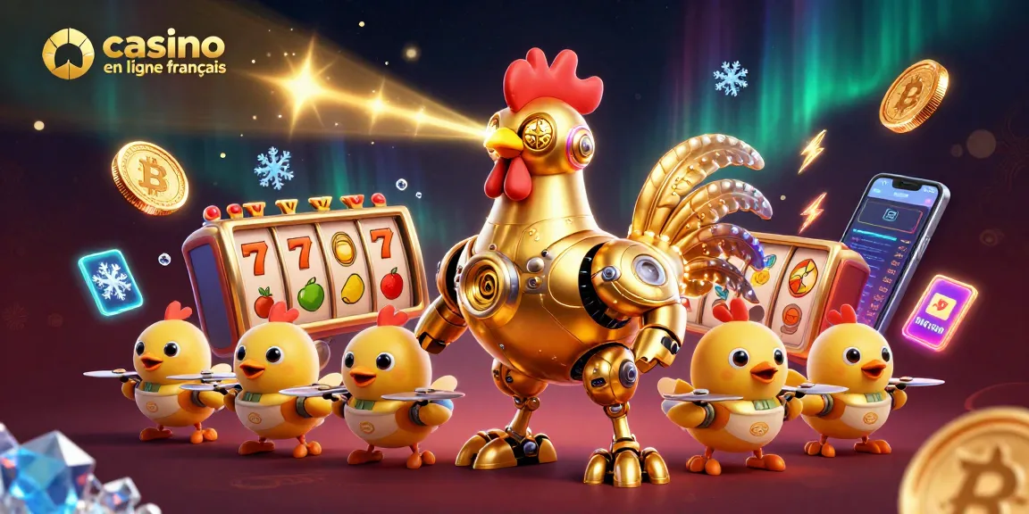 Découvrez le monde des jeux avec les casinos en ligne français, mettant en avant un robot doré et des symboles de machines à sous.