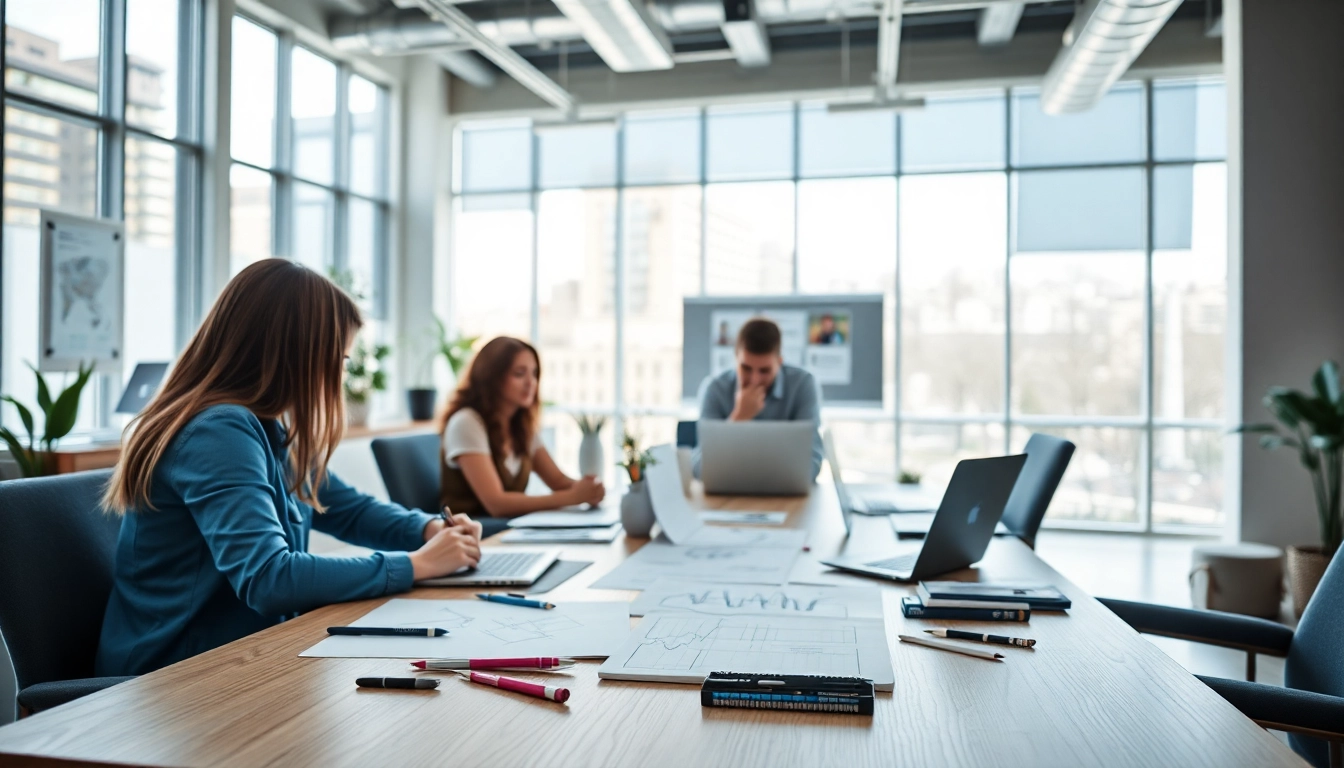 Werbeagentur Team arbeitet in modernem Büro, kreatives Brainstorming und Designs.