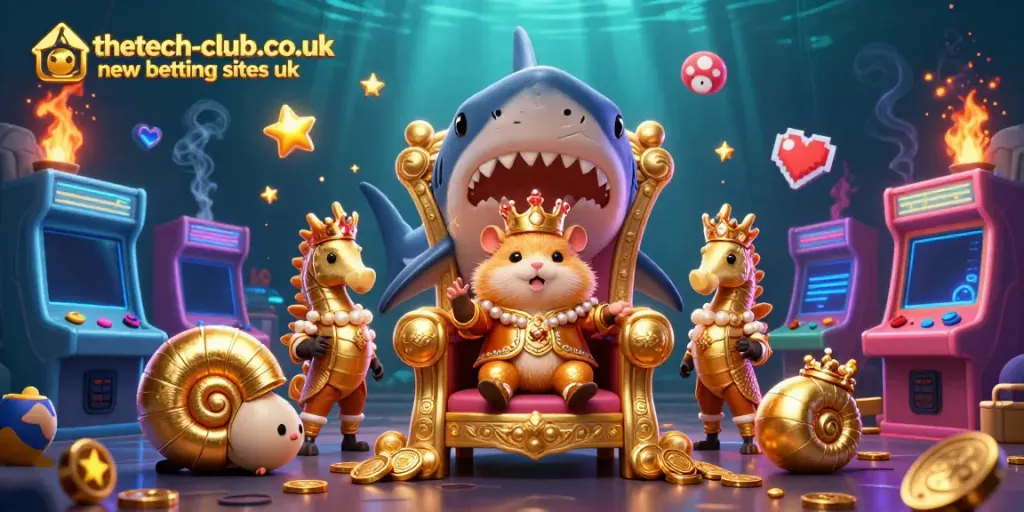 Thetech-club.co.uk new betting sites UK showcasing a golden hamster king on a megalodon throne with vibrant arcade game elements.