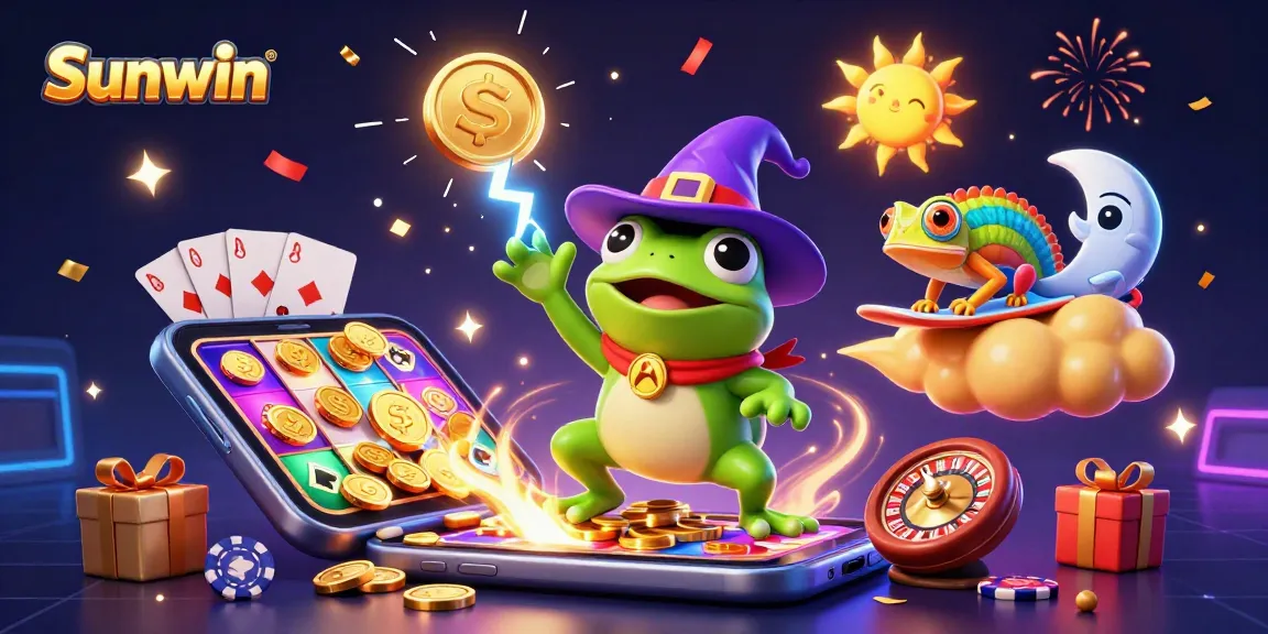 Experience thrilling gameplay with Sunwin's dynamic casino illustration featuring golden coins and vibrant characters.