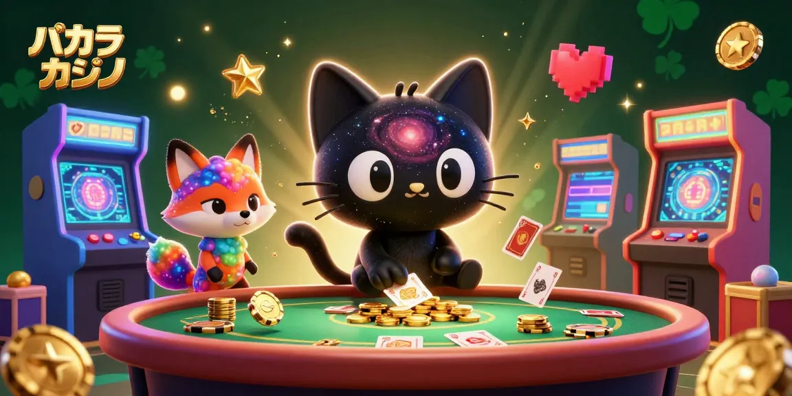 バカラ カジノの宇宙的なカジノテーブルで遊ぶキャラクターたちとカラフルなゲーム要素が描かれています。