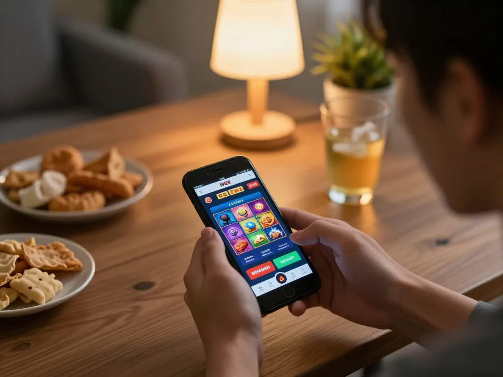 Engaging player using W88 app for online casino gaming in a cozy home setup.