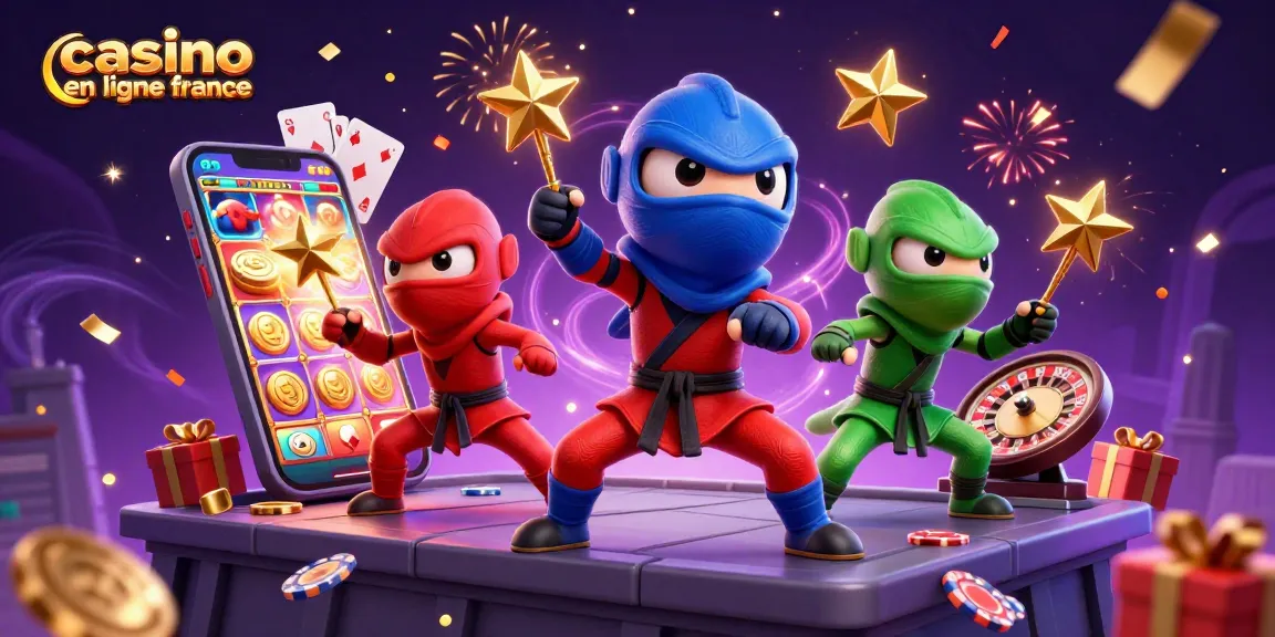 Illustration dynamique avec les caméléons des ninjas du casino en ligne France, ayant des jeux de cartes et des jetons.