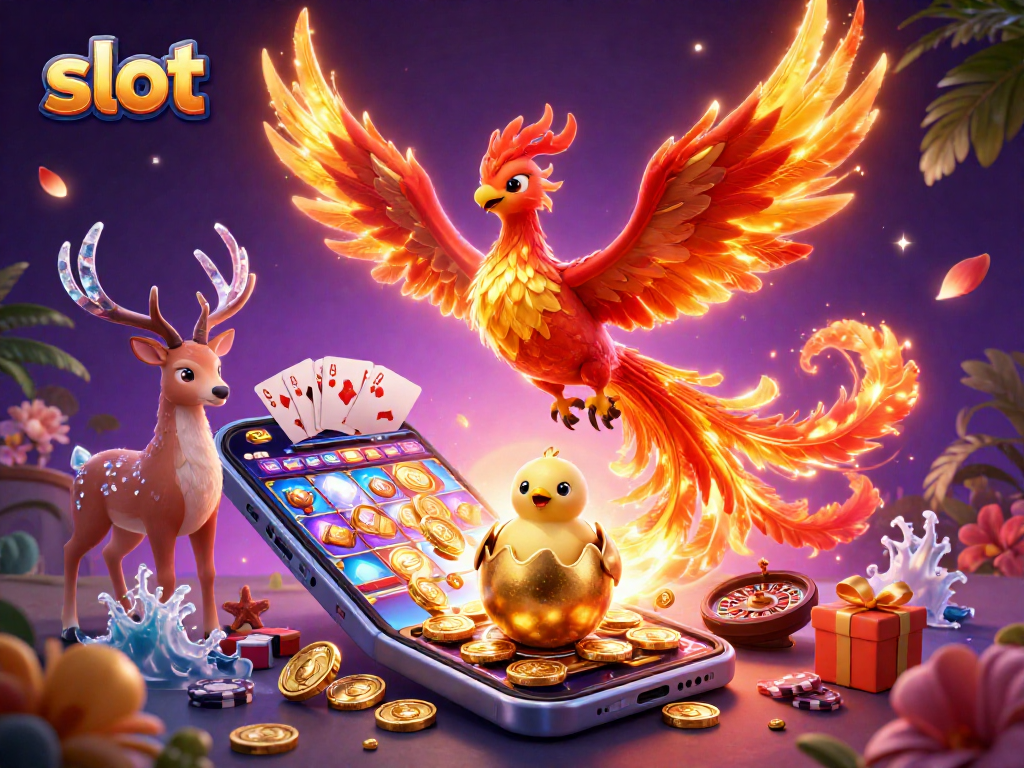 Spin the slot reels with an impressive phoenix and casino elements exploding in gold.