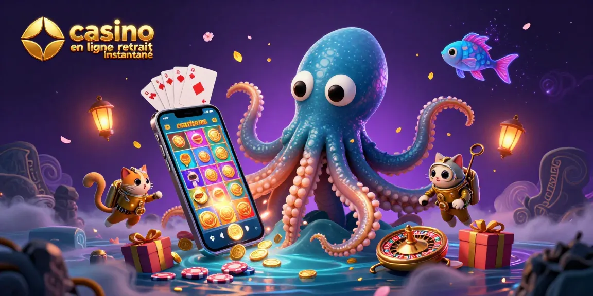 Illustration colorée avec un kraken 3D et un chat plongeur pour casino en ligne retrait instantané.