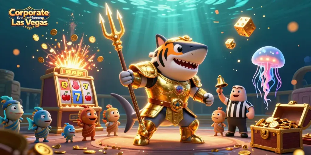 Engaging scene showcasing Corporate Event Planning Las Vegas with a determined shark and dynamic casino elements.