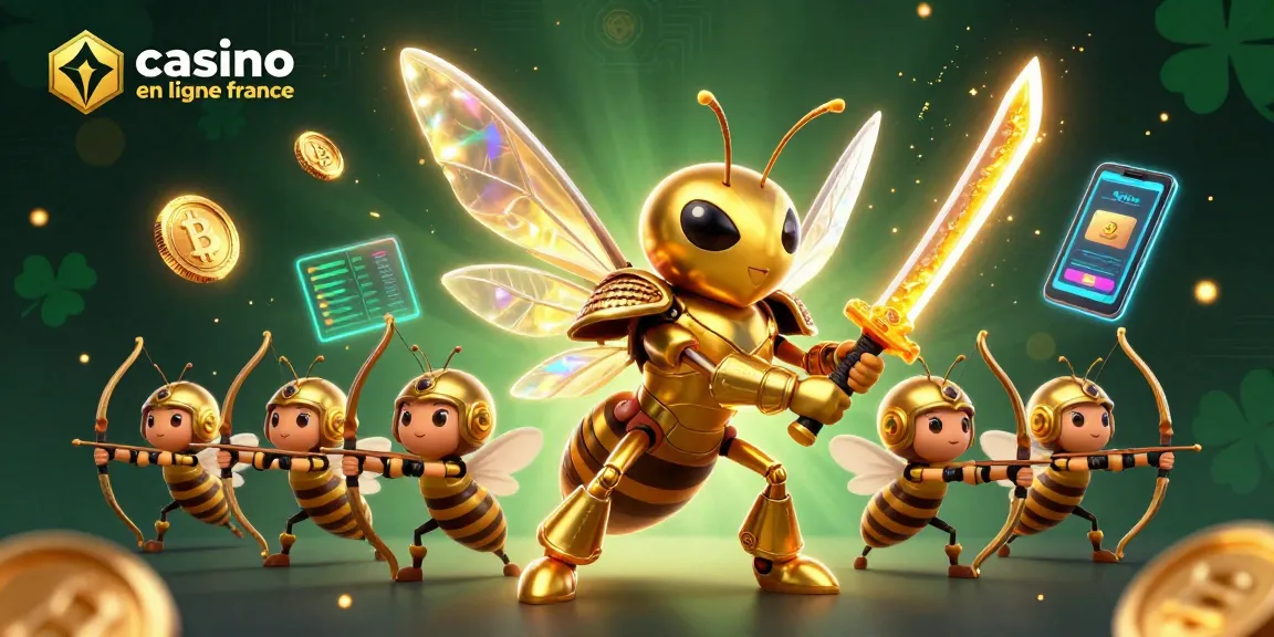 Jouez au casino en ligne France avec un hornet doré et des pièces de crypto-monnaie.