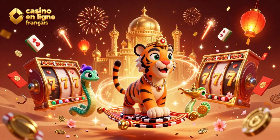 Jouer dans un casino en ligne français avec un sultan tigre et ses joyaux dans un décor festif.