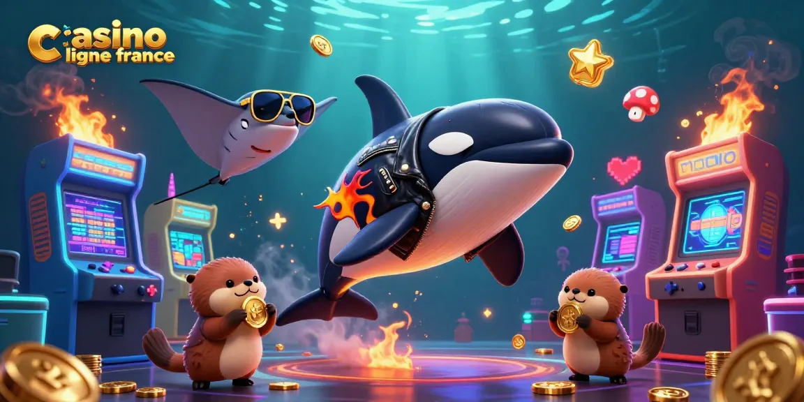 Animations colorées et personnages marins captivants illustrant le casino en ligne France avec des gains en or.