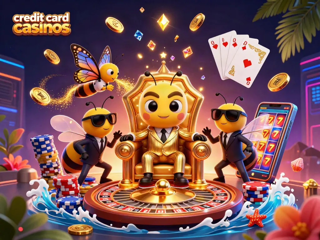 Experience thrilling gameplay at credit card casinos with vibrant characters surrounded by alluring casino elements.