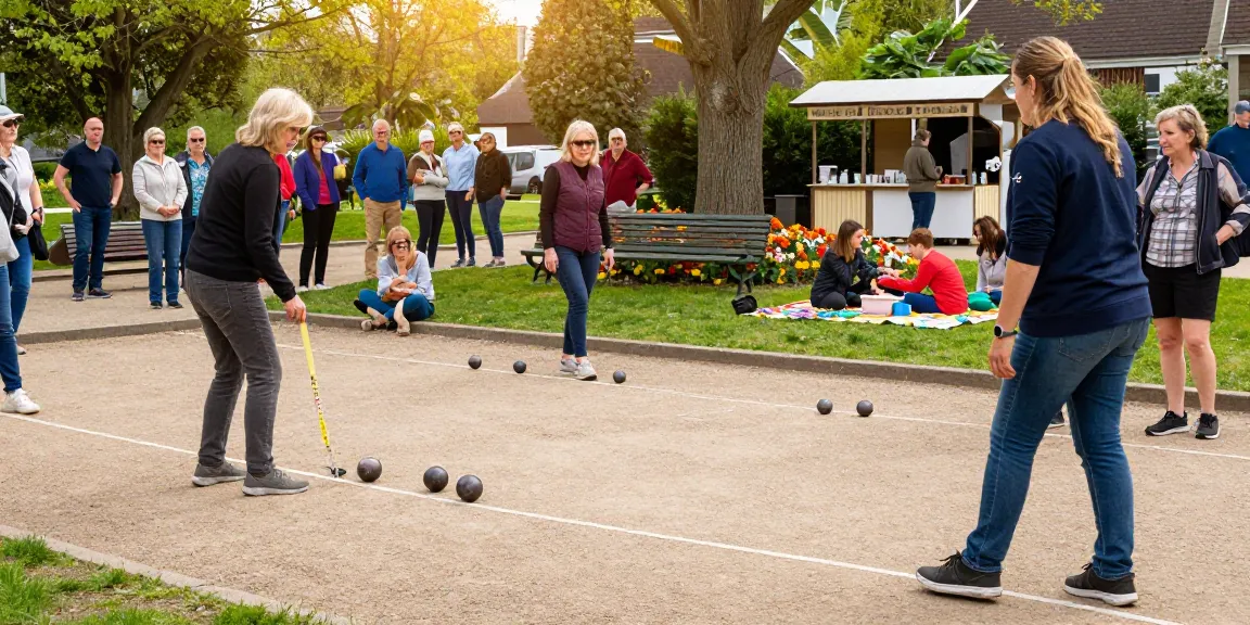 Permainan petanque di fopikotabitung.org dengan suasana ceria, pemain dan penonton berinteraksi di taman lokal.